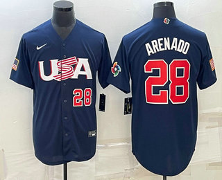 Men%27s USA Baseball #28 Nolan Arenado Number 2023 Navy World Baseball Classic Stitched Jersey